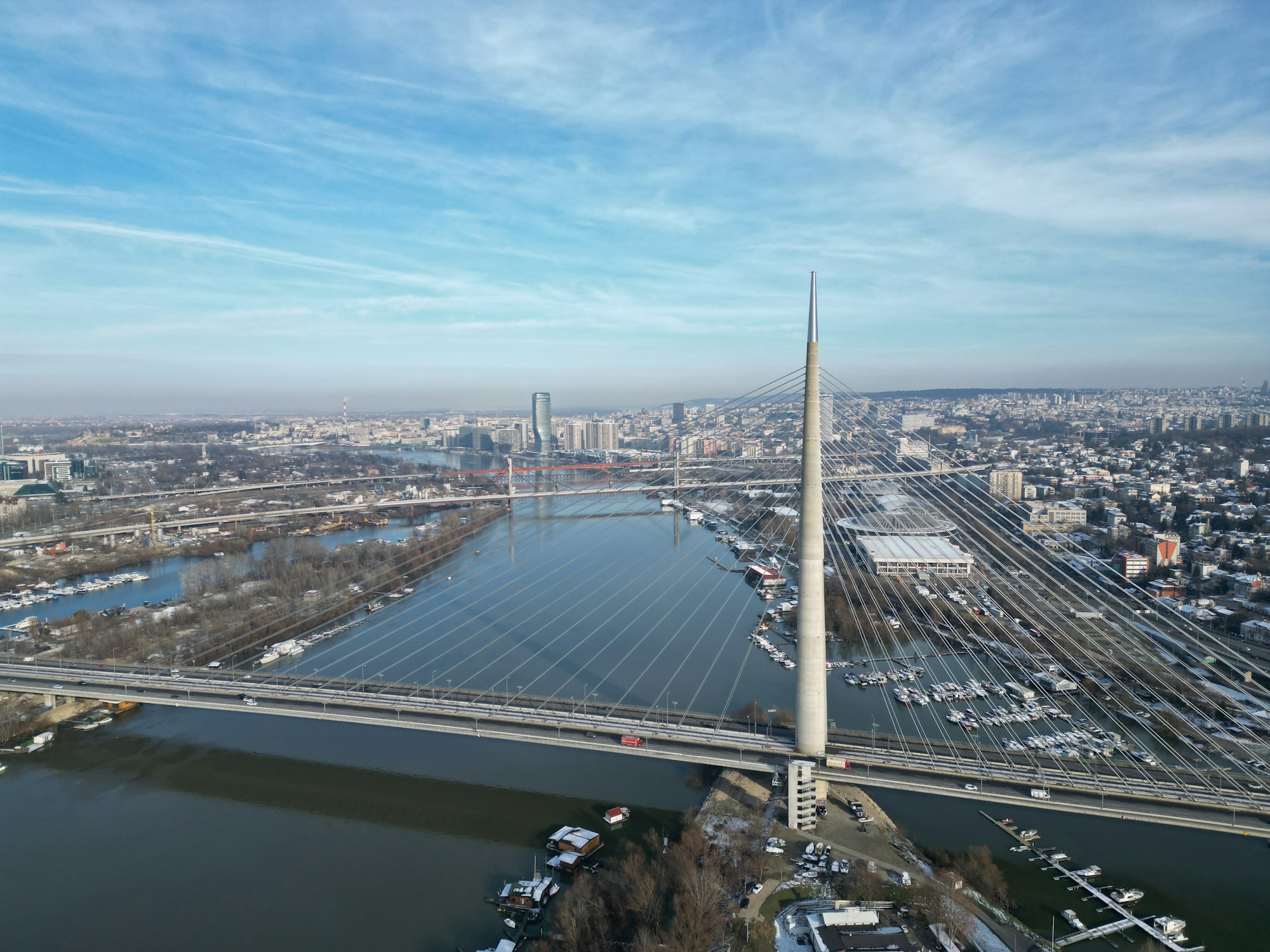 Aerial view of Ada Bridge crossing the Sava River in Belgrade